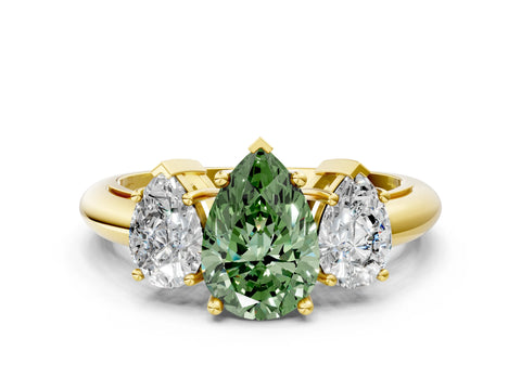 Yellow gold Three-Stone Fancy Green Pear Cut Cut Diamond Engagement Ring with Prong Setting on a White Gold Band