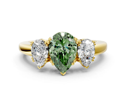 Yellow gold Three-Stone Fancy Green Pear Cut Cut Diamond Ring with Channel Set Band and Four-Prong Setting