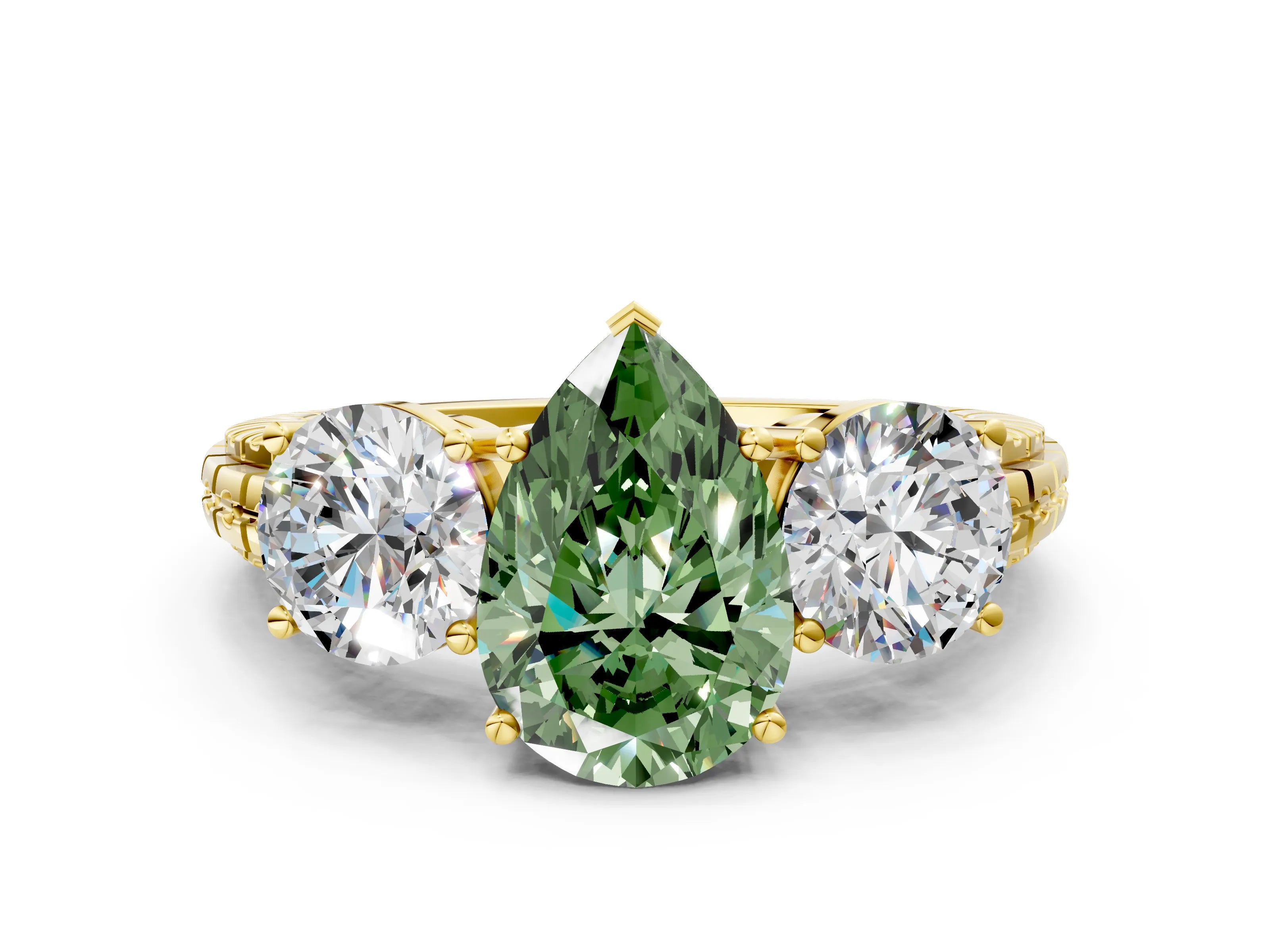 Yellow gold Three-Stone Fancy Green Pear Cut Cut Diamond Ring with Channel-Set Band and Prong Setting