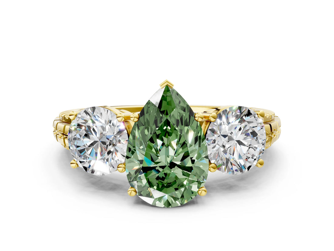 Yellow gold Three-Stone Fancy Green Pear Cut Cut Diamond Ring with Channel-Set Band and Prong Setting