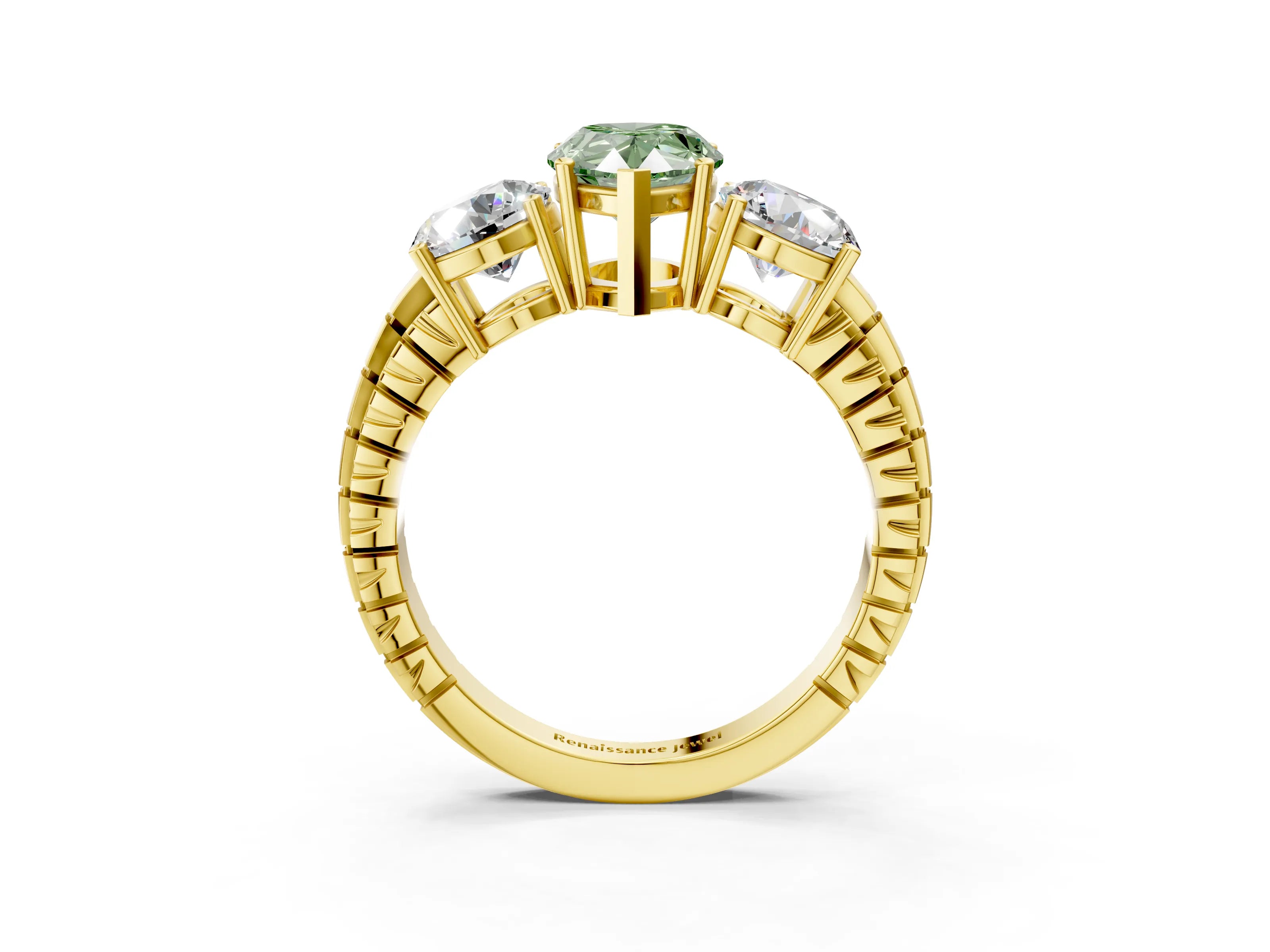 Yellow gold Three-Stone Fancy Green Pear Cut Cut Diamond Ring with Channel-Set Band and Prong Setting_3