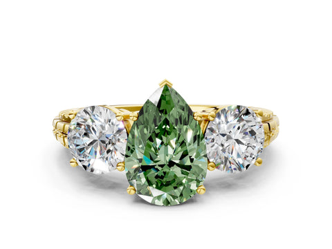 Yellow gold Three-Stone Fancy Green Pear Cut Cut Diamond Ring with Channel-Set Band and Prong Setting