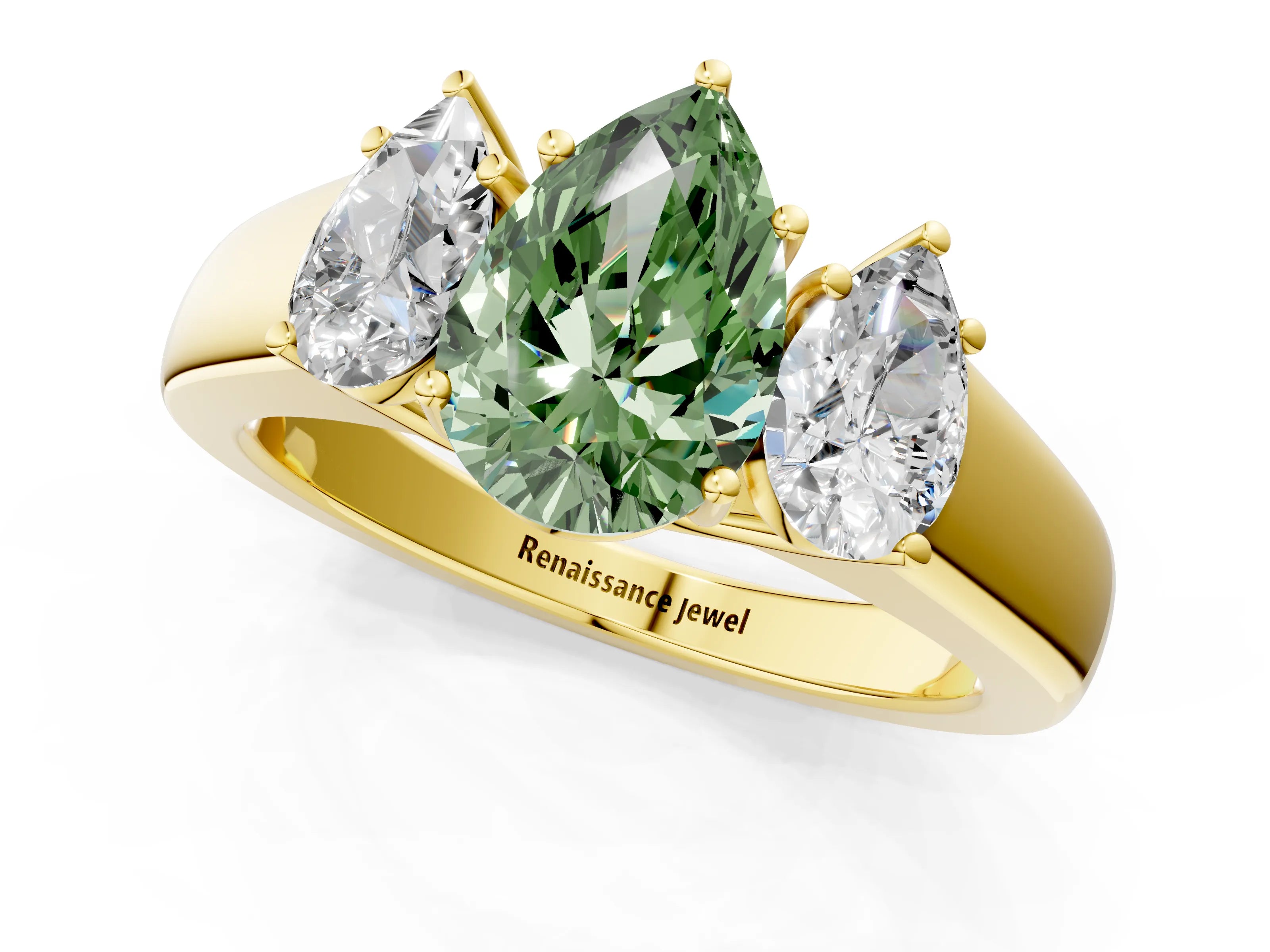 Yellow gold Three-Stone Fancy Green Pear Cut Cut Diamond Ring with Prong Setting and Classic Band_1