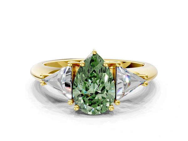 Yellow gold Three-Stone Fancy Green Pear Cut Cut Diamond Ring with Trillion Side Stones and Four-Prong Setting