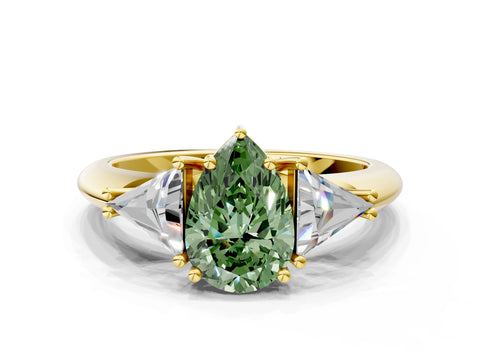 Yellow gold Three-Stone Fancy Green Pear Cut Cut Diamond Ring with Trillion Side Stones and Four-Prong Setting_3