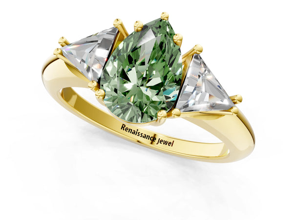Yellow gold Three-Stone Fancy Green Pear Cut Cut Diamond Ring with Trillion Side Stones and Four-Prong Setting