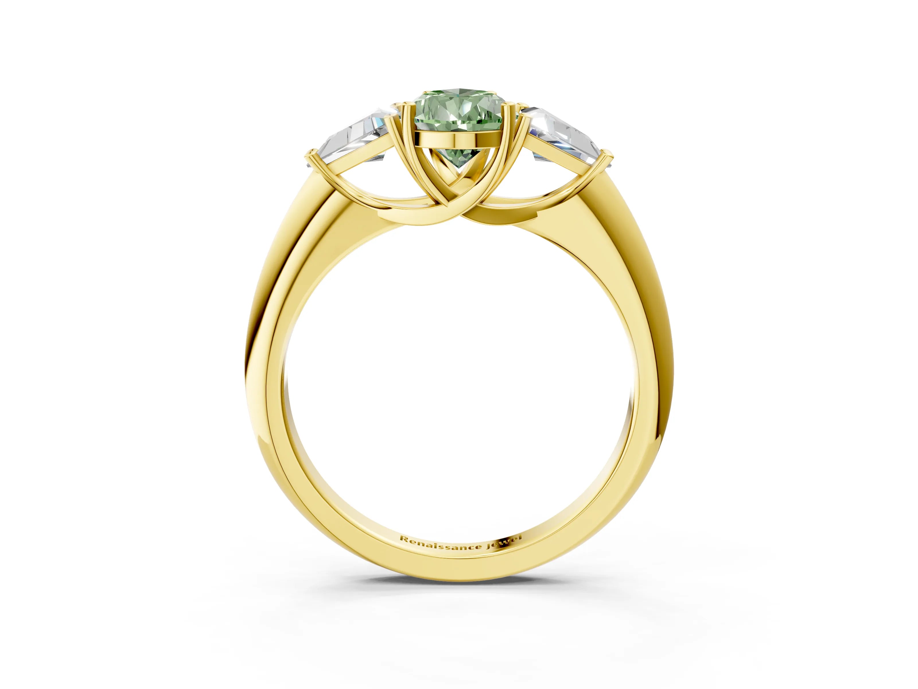 Yellow gold Three-Stone Fancy Green Pear Cut Cut Diamond Ring with Trillion Side Stones and Four-Prong Setting_6