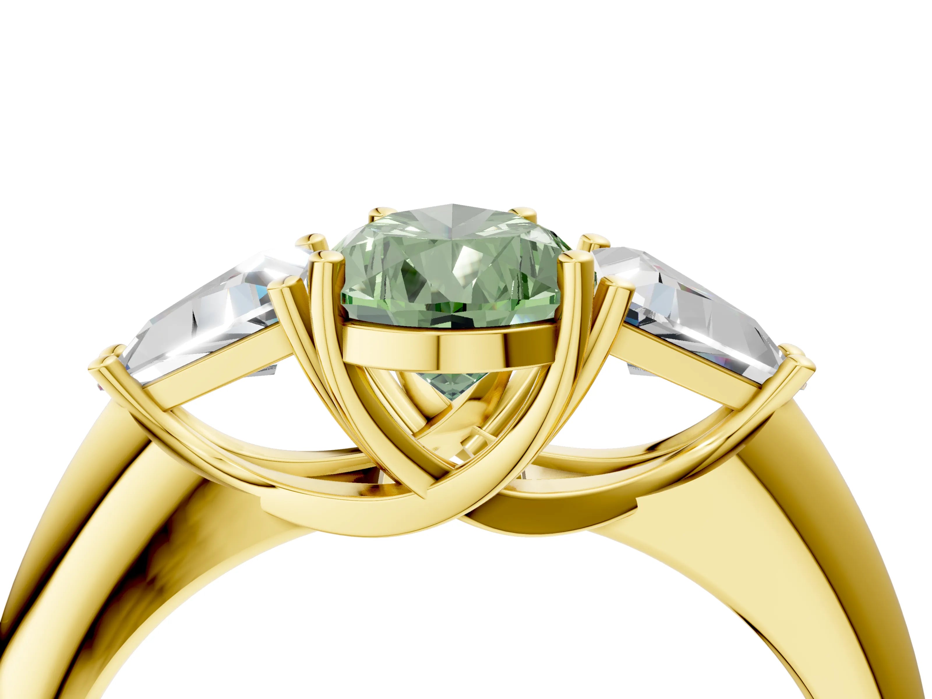 Yellow gold Three-Stone Fancy Green Pear Cut Cut Diamond Ring with Trillion Side Stones and Four-Prong Setting_7