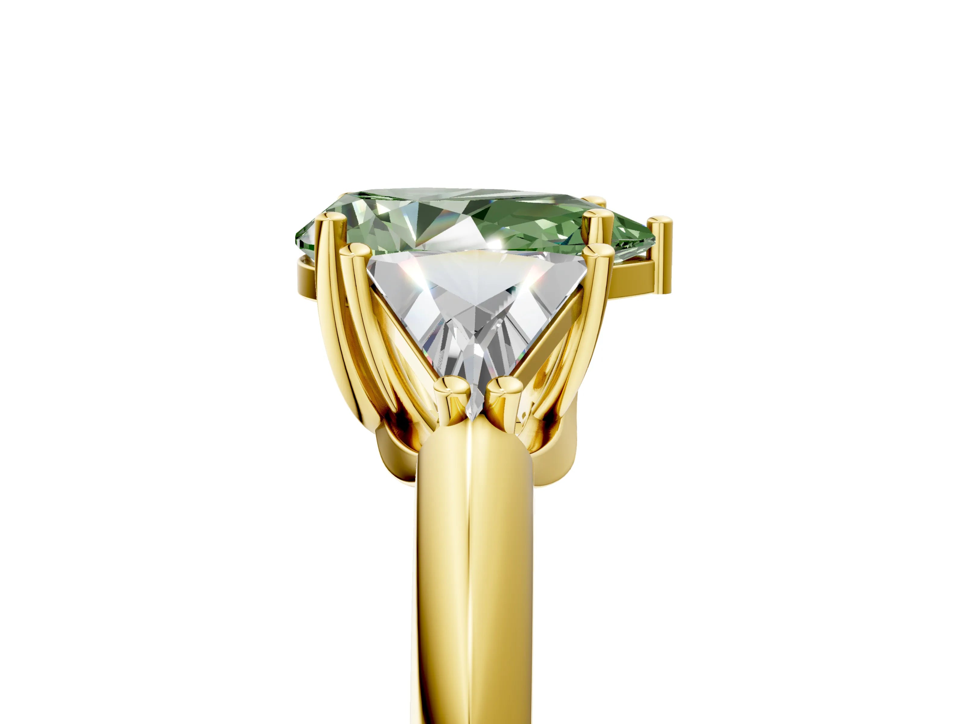 Yellow gold Three-Stone Fancy Green Pear Cut Cut Diamond Ring with Trillion Side Stones and Four-Prong Setting_8