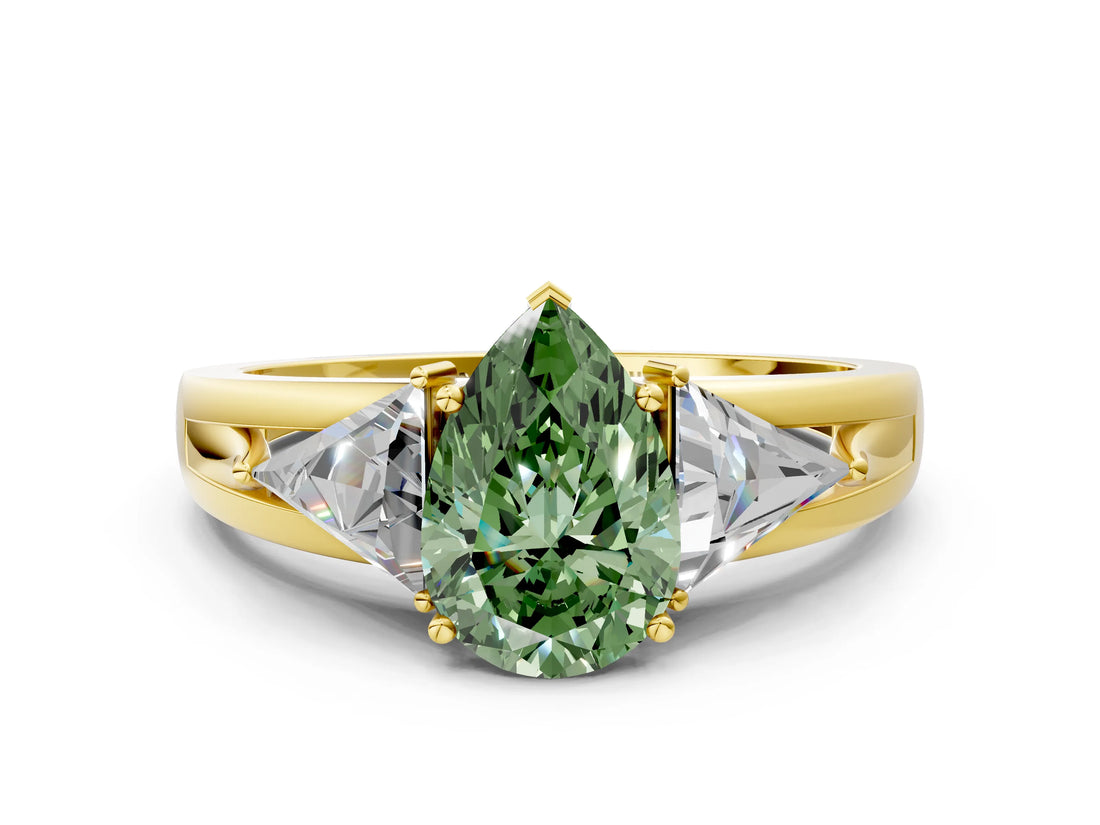 Yellow gold Three-Stone Fancy Green Pear Cut Cut Diamond Ring with Trillion Side Stones on a Split Shank Band