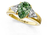 Yellow gold Three-Stone Fancy Green Pear Cut Cut Diamond Ring with Trillion Side Stones on a Split Shank Band_1