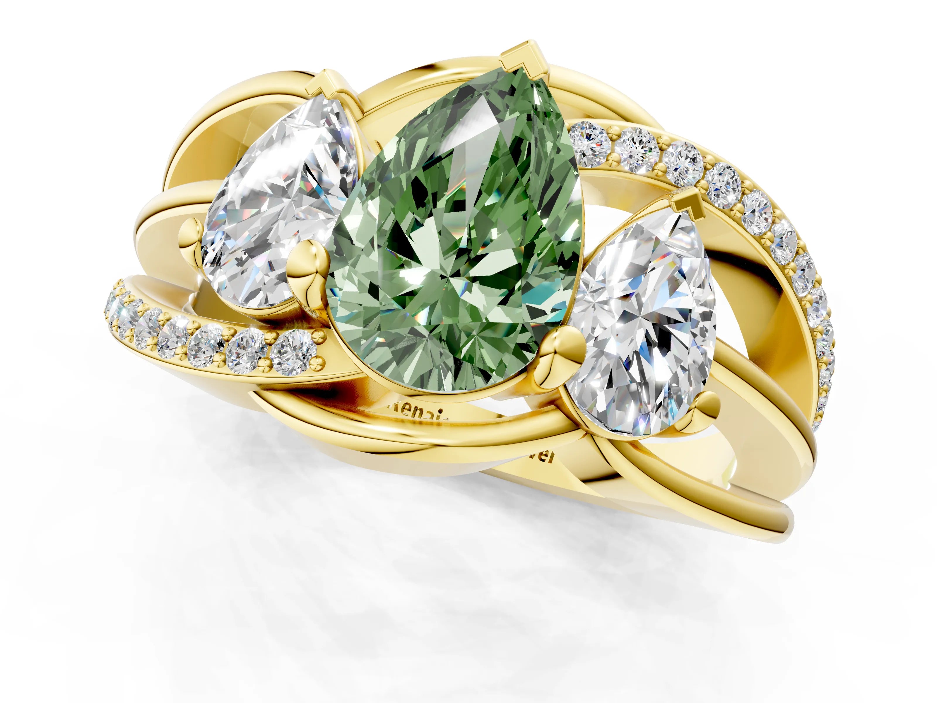Yellow gold Three-Stone Fancy Green Pear Cut Cut Diamond Split Shank Prong Set Ring_1