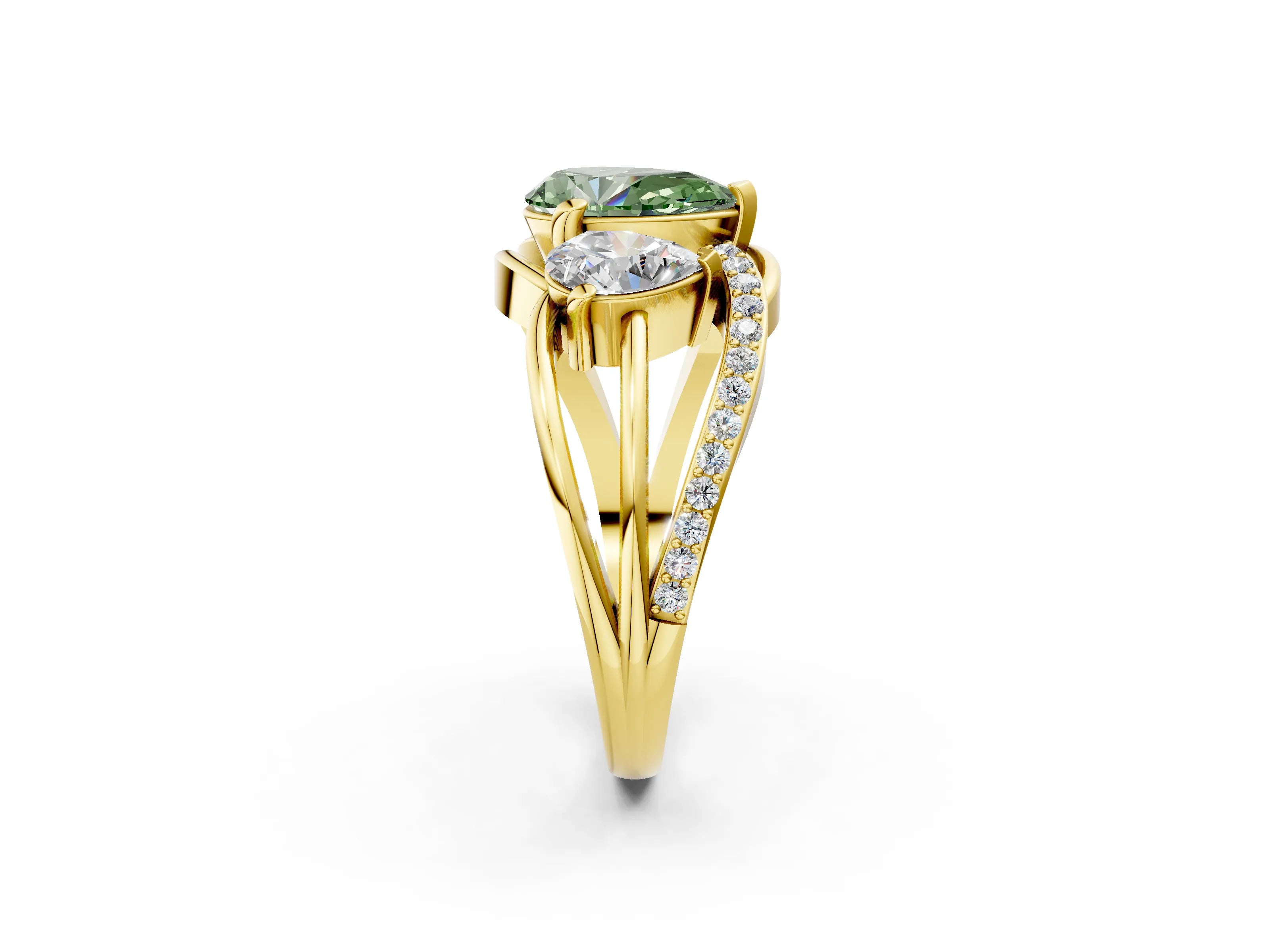 Yellow gold Three-Stone Fancy Green Pear Cut Cut Diamond Split Shank Prong Set Ring_2