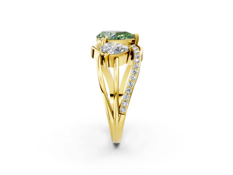 Yellow gold Three-Stone Fancy Green Pear Cut Cut Diamond Split Shank Prong Set Ring_2
