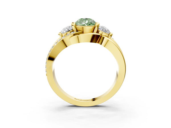 Yellow Gold Pear-Shaped Three Stone Split Shank Engagement Ring Setting for Fancy Green Center