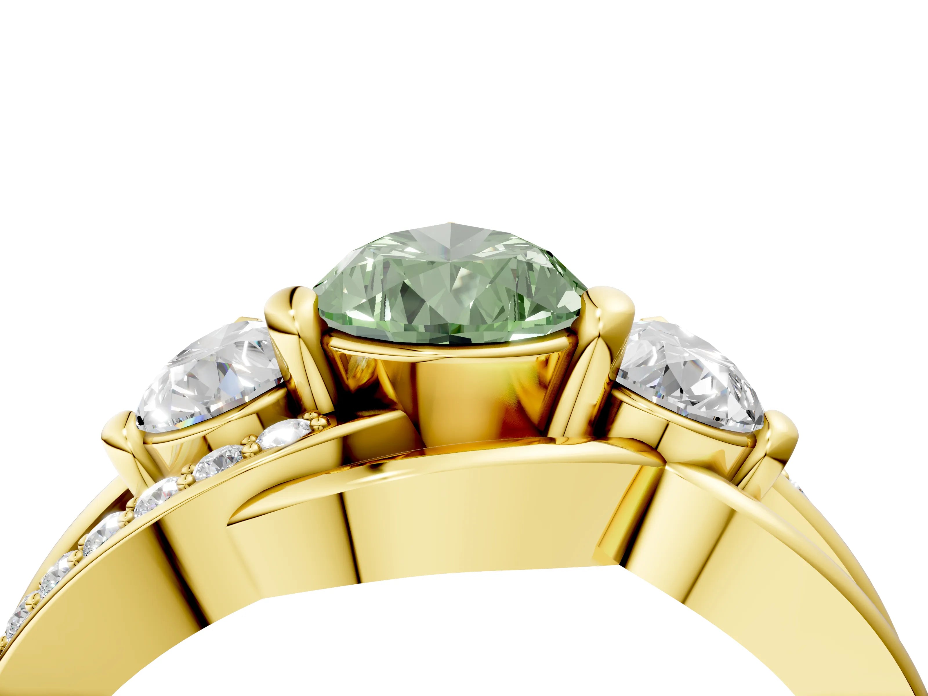 Yellow gold Three-Stone Fancy Green Pear Cut Cut Diamond Split Shank Prong Set Ring_4