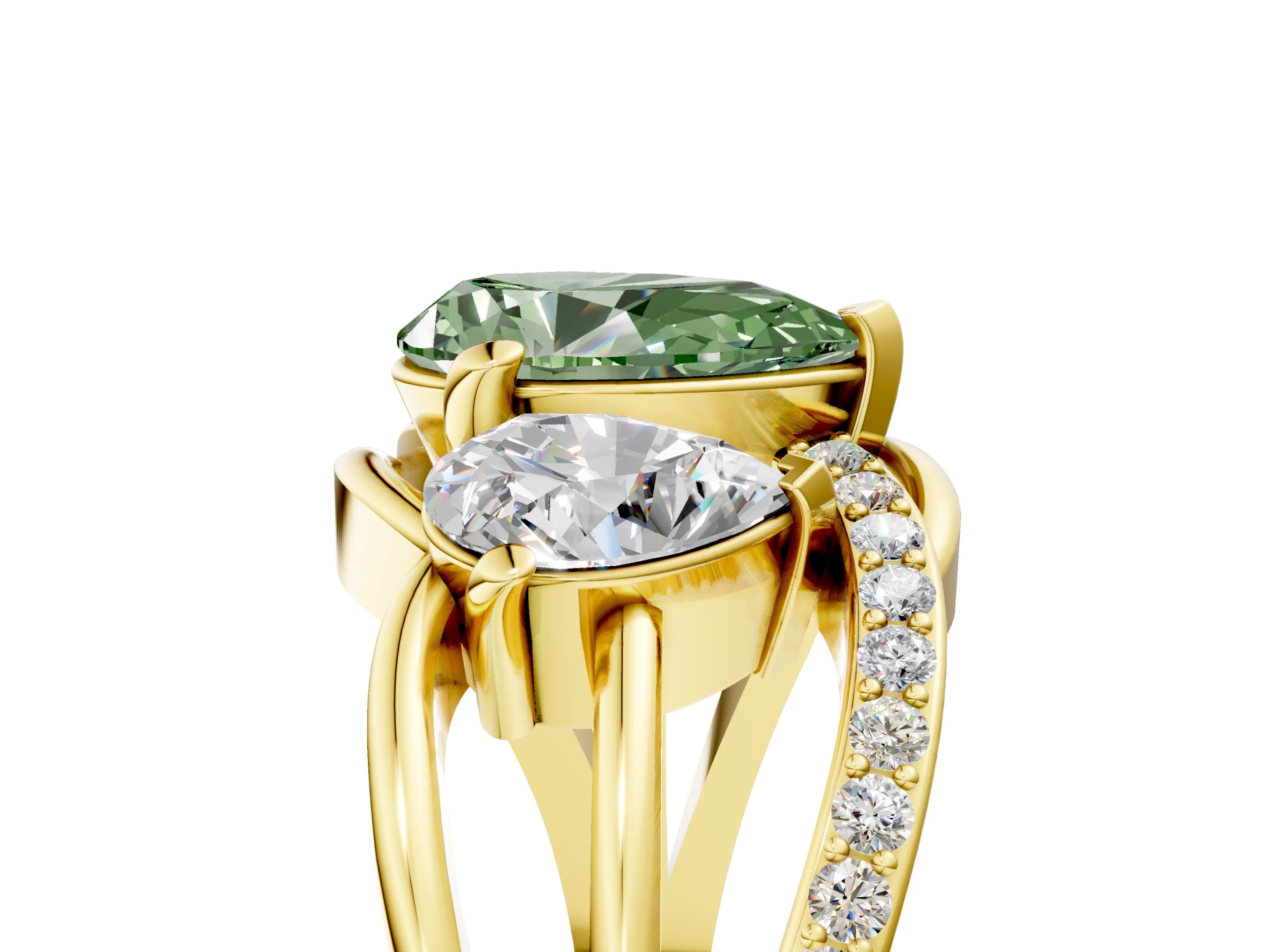 Yellow gold Three-Stone Fancy Green Pear Cut Cut Diamond Split Shank Prong Set Ring_5