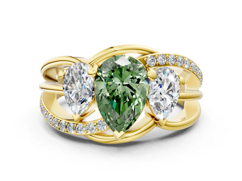 Yellow gold Three-Stone Fancy Green Pear Cut Cut Diamond Split Shank Prong Set Ring