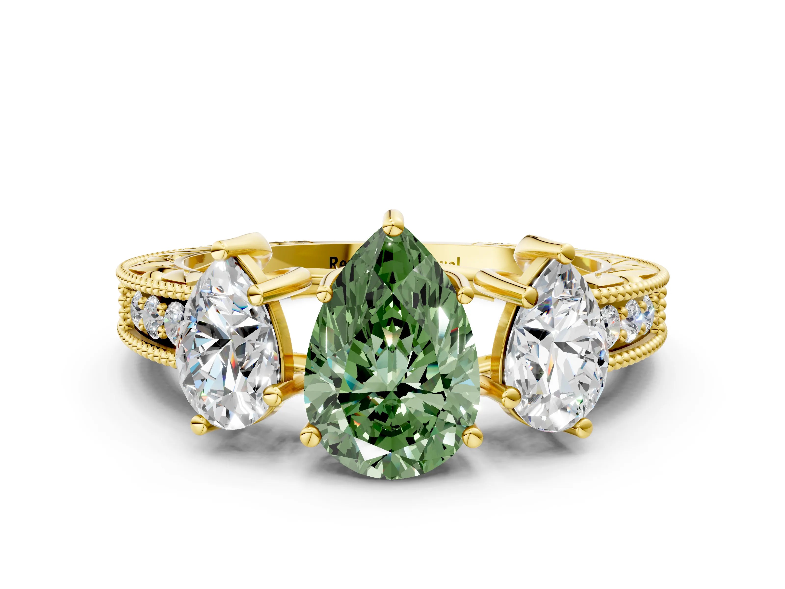 Yellow gold Three-Stone Fancy Green Pear Cut Cut Milgrain Pavé Engagement Ring