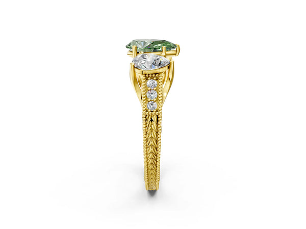 Yellow Gold Pear-Shaped Engraved Three Stone Engagement Ring Setting for Fancy Green Center