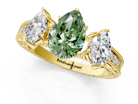Yellow gold Three-Stone Fancy Green Pear Cut Cut Milgrain Pavé Engagement Ring_1