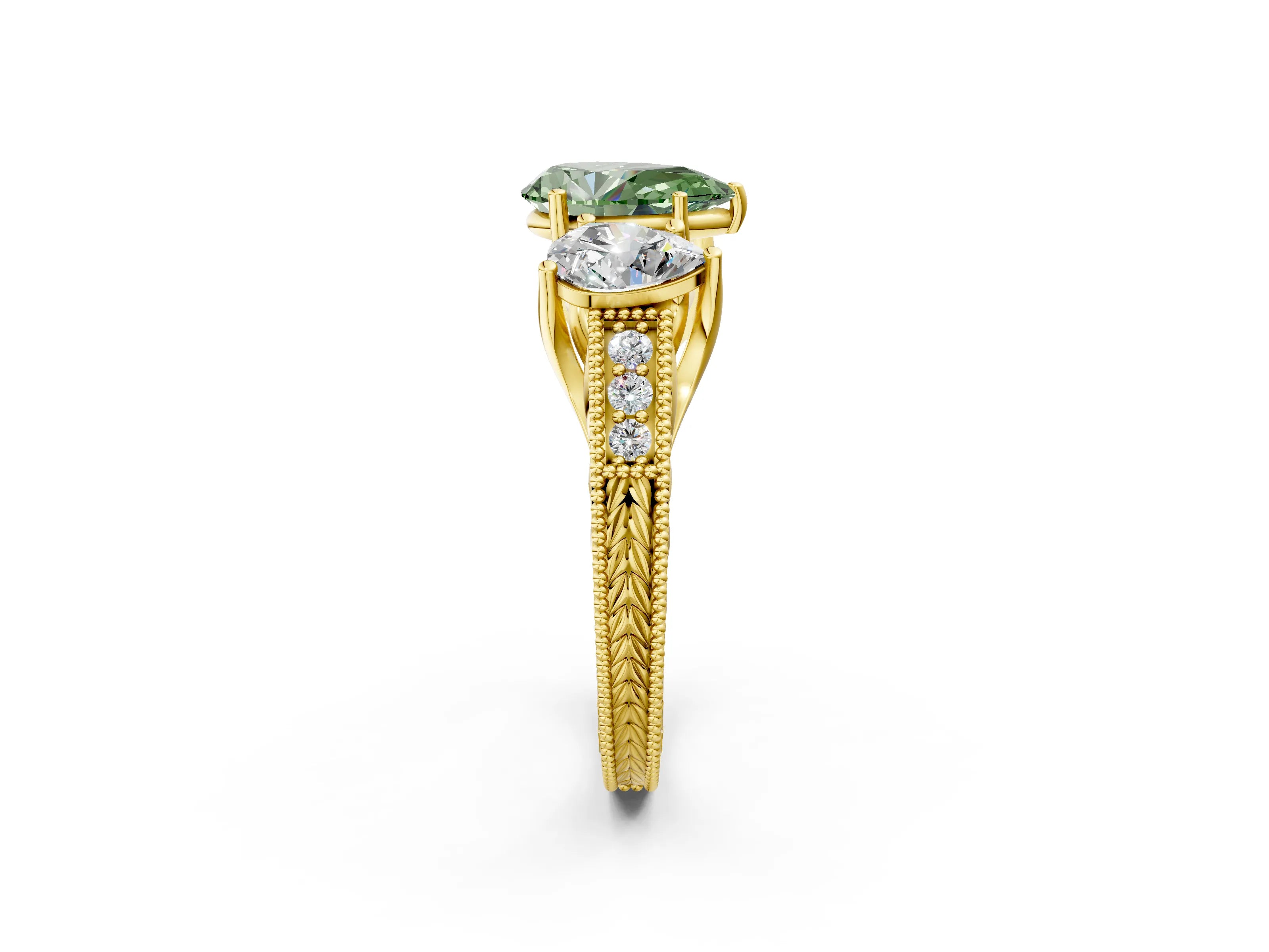 Yellow gold Three-Stone Fancy Green Pear Cut Cut Milgrain Pavé Engagement Ring_2