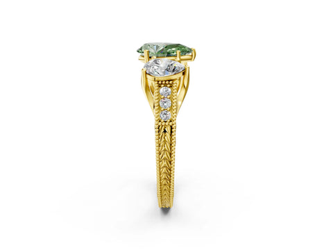 Yellow gold Three-Stone Fancy Green Pear Cut Cut Milgrain Pavé Engagement Ring_2