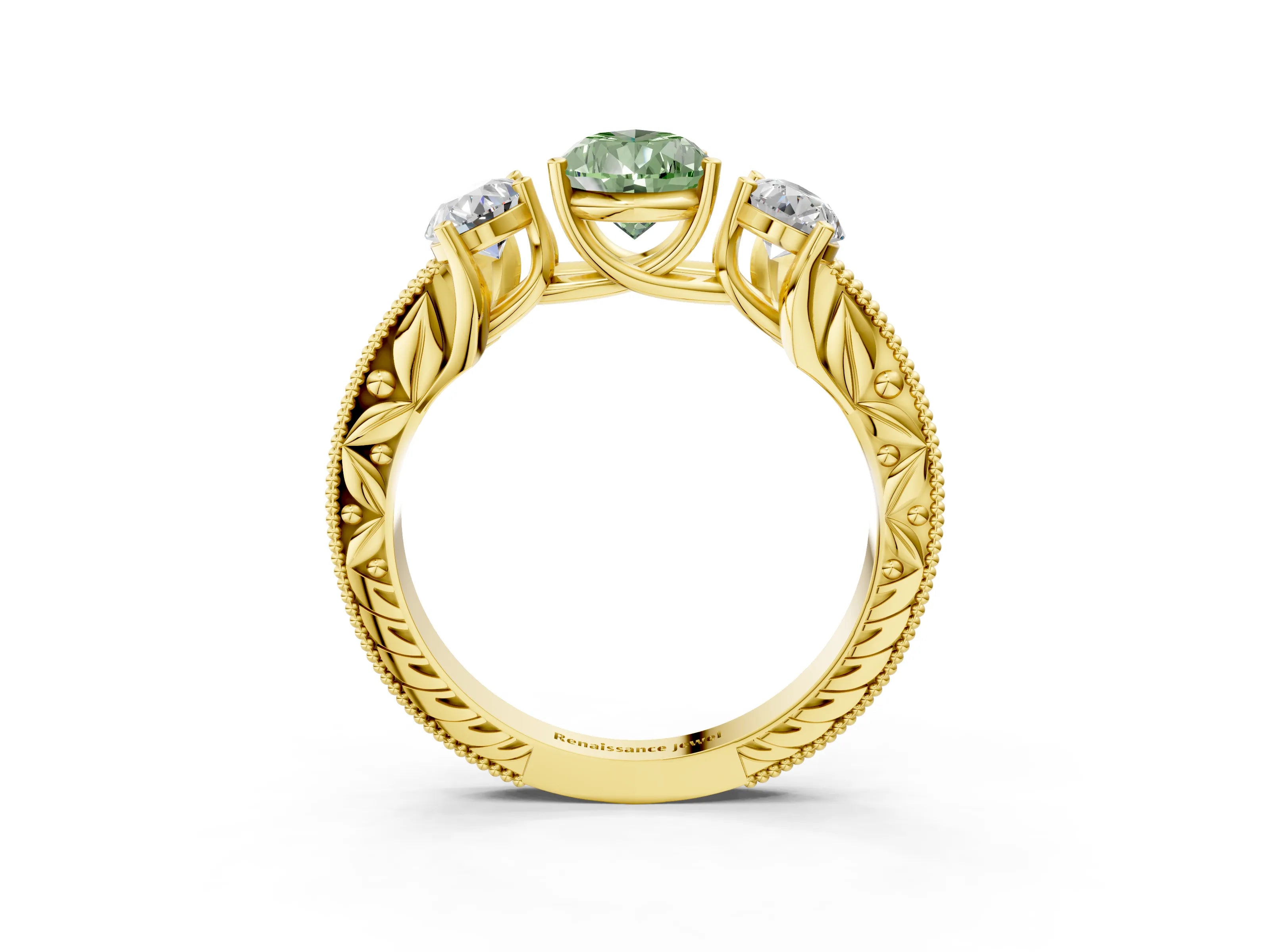 Yellow gold Three-Stone Fancy Green Pear Cut Cut Milgrain Pavé Engagement Ring_3
