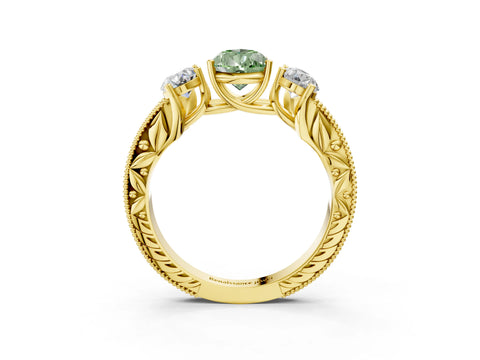 Yellow gold Three-Stone Fancy Green Pear Cut Cut Milgrain Pavé Engagement Ring_3