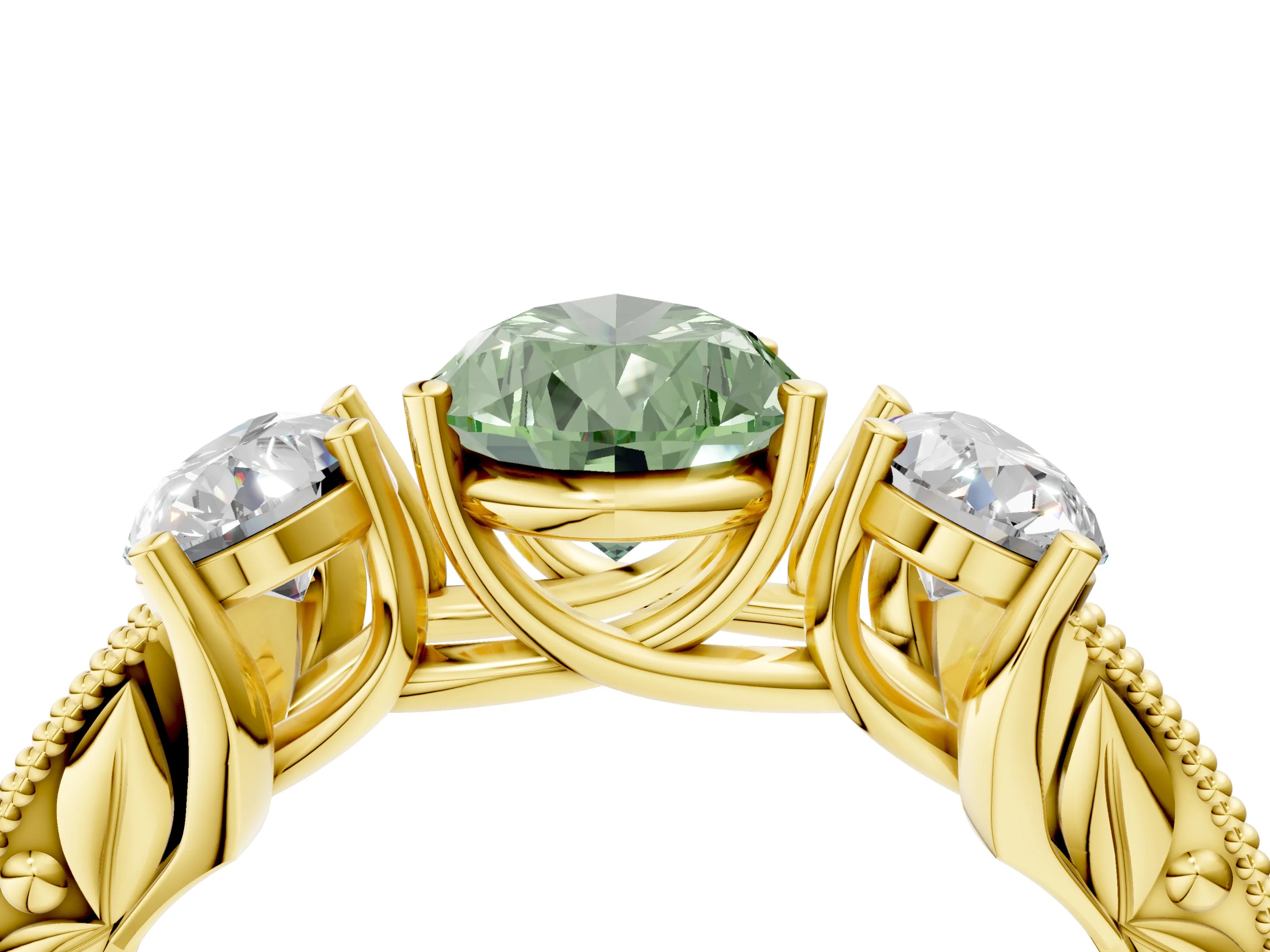 Yellow gold Three-Stone Fancy Green Pear Cut Cut Milgrain Pavé Engagement Ring_4