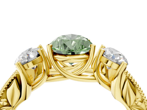 Yellow gold Three-Stone Fancy Green Pear Cut Cut Milgrain Pavé Engagement Ring_4