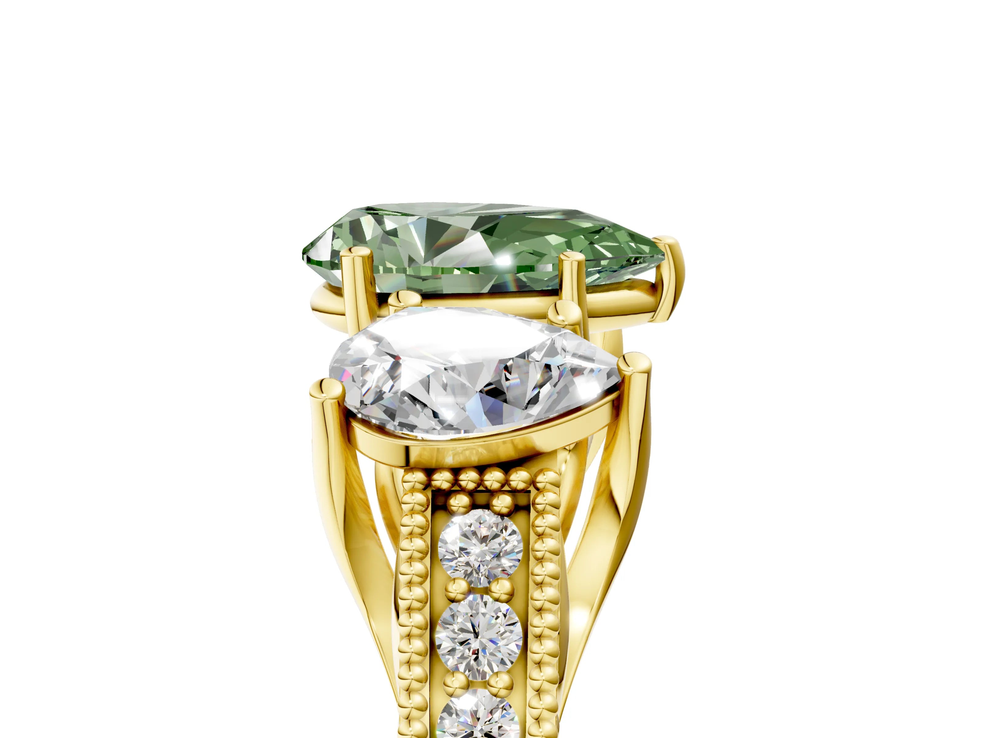 Yellow gold Three-Stone Fancy Green Pear Cut Cut Milgrain Pavé Engagement Ring_5