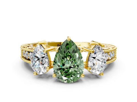 Yellow gold Three-Stone Fancy Green Pear Cut Cut Milgrain Pavé Engagement Ring