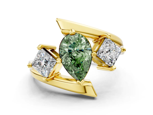 Yellow gold Three-Stone Fancy Green Pear Cut Cut Tension Band Ring with Four-Prong Setting