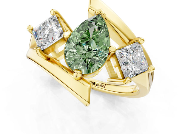 Yellow gold Three-Stone Fancy Green Pear Cut Cut Tension Band Ring with Four-Prong Setting