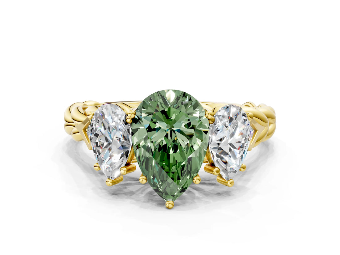Yellow gold Three-Stone Fancy Green Pear Cut Diamond Braided Band Ring with Four-Prong Setting_40