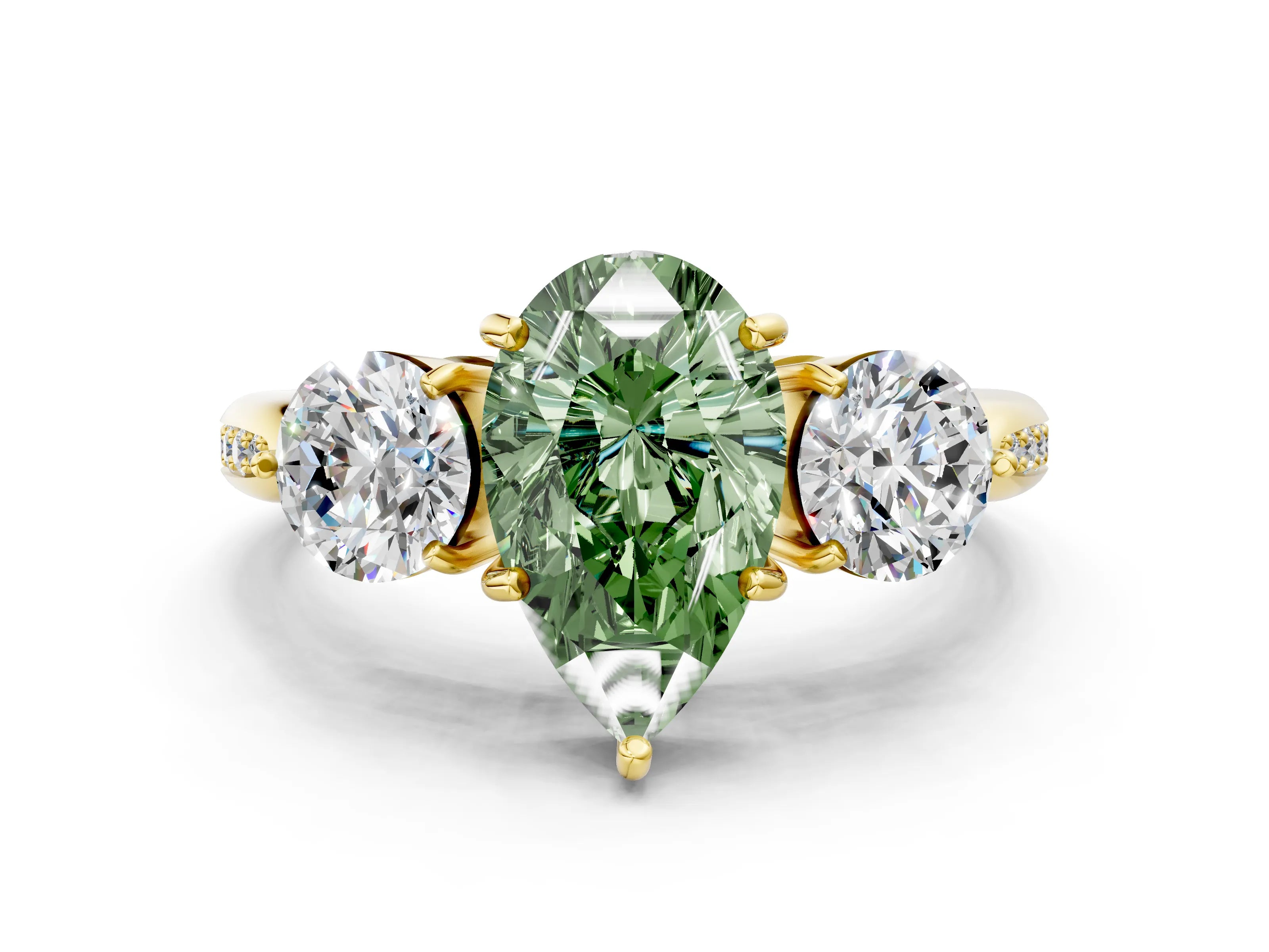 Yellow gold Three-Stone Fancy Green Pear Cut Diamond Channel Set Engagement Ring with Prong Setting