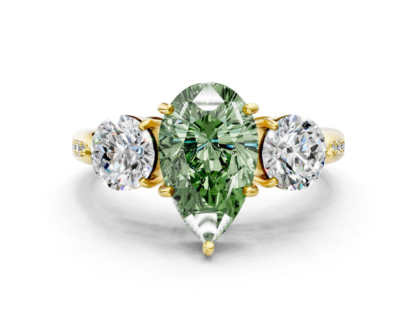 Yellow gold Three-Stone Fancy Green Pear Cut Diamond Channel Set Engagement Ring with Prong Setting