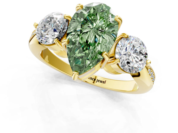Yellow gold Three-Stone Fancy Green Pear Cut Diamond Channel Set Engagement Ring with Prong Setting