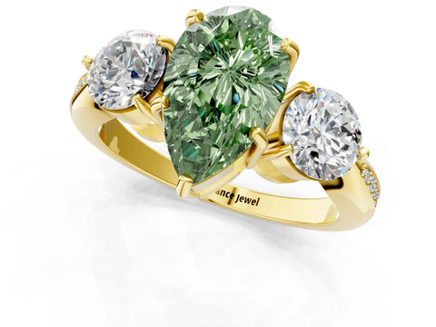 Yellow gold Three-Stone Fancy Green Pear Cut Diamond Channel Set Engagement Ring with Prong Setting_1