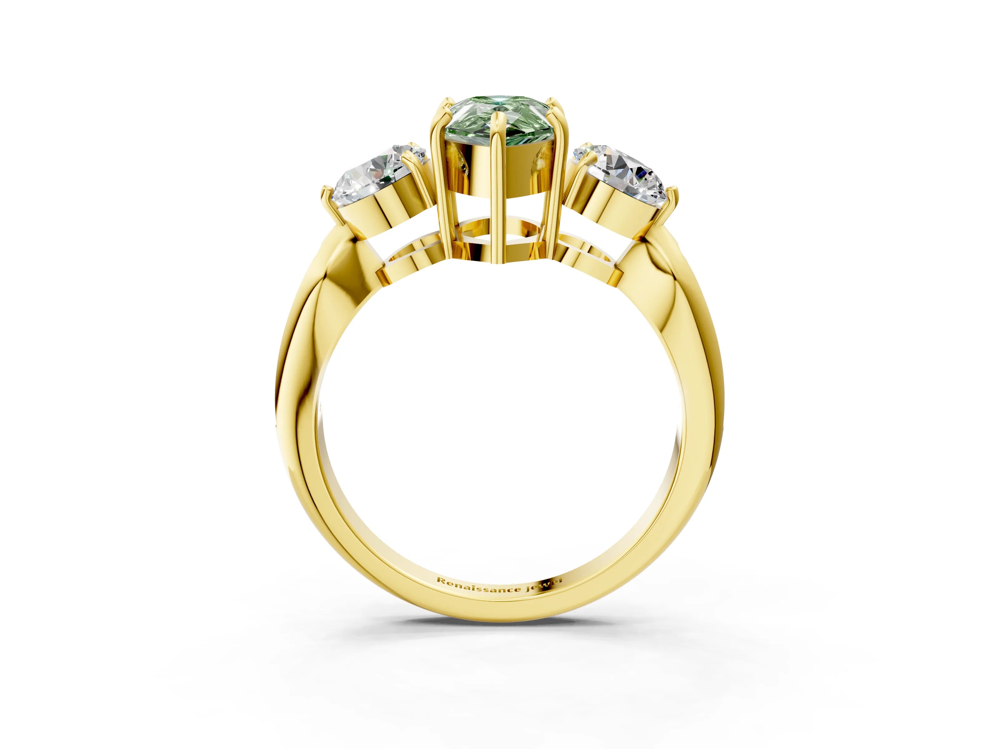 Yellow gold Three-Stone Fancy Green Pear Cut Diamond Channel Set Engagement Ring with Prong Setting_3