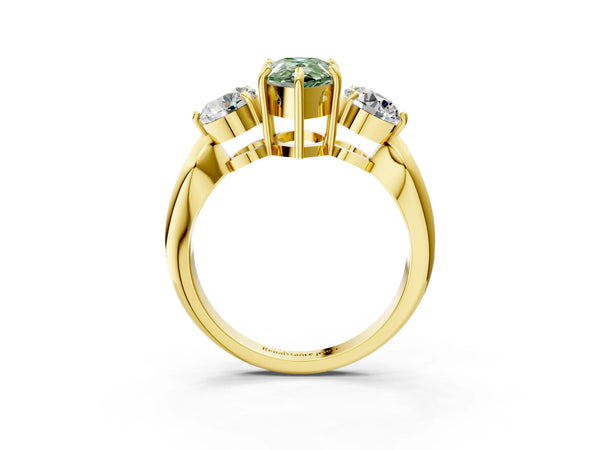Yellow gold Three-Stone Fancy Green Pear Cut Diamond Channel Set Engagement Ring with Prong Setting