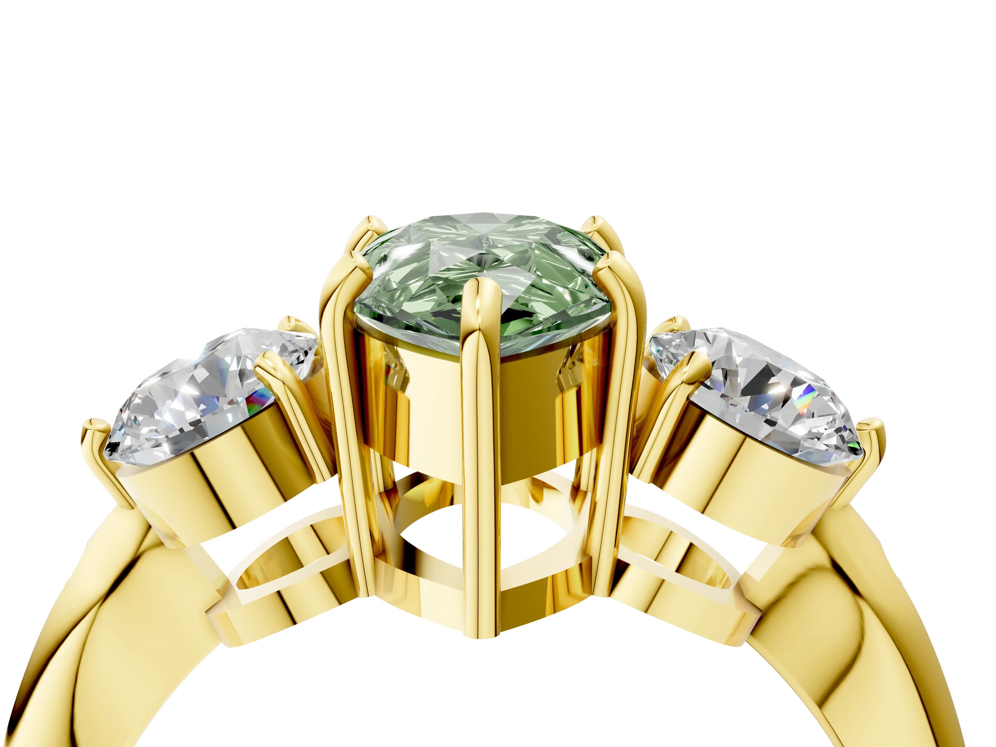 Yellow gold Three-Stone Fancy Green Pear Cut Diamond Channel Set Engagement Ring with Prong Setting_4