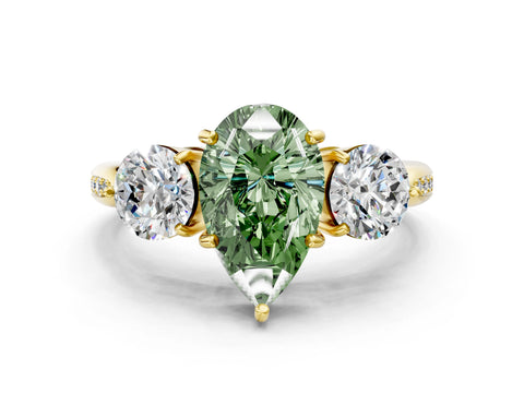 Yellow gold Three-Stone Fancy Green Pear Cut Diamond Channel Set Engagement Ring with Prong Setting