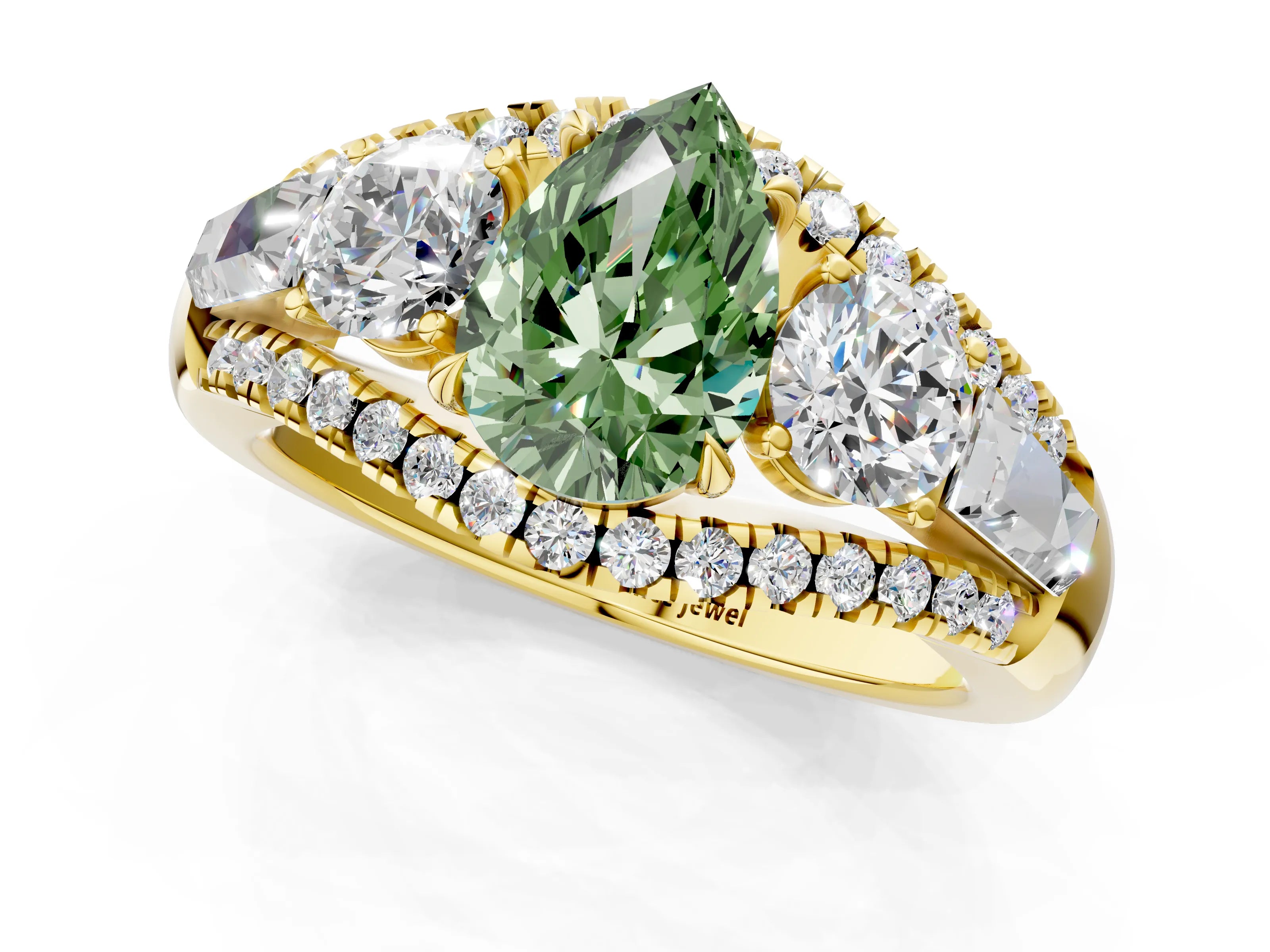 Yellow gold Three-Stone Fancy Green Pear Cut Diamond Engagement Ring with Pave Band and Prong Setting_1