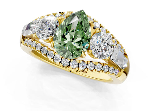 Yellow gold Three-Stone Fancy Green Pear Cut Diamond Engagement Ring with Pave Band and Prong Setting_1
