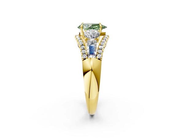 Yellow Gold Pear-Shaped Five Stone Baguette Engagement Ring Setting for Fancy Green Center