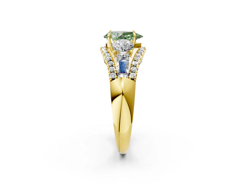 Yellow gold Three-Stone Fancy Green Pear Cut Diamond Engagement Ring with Pave Band and Prong Setting_2