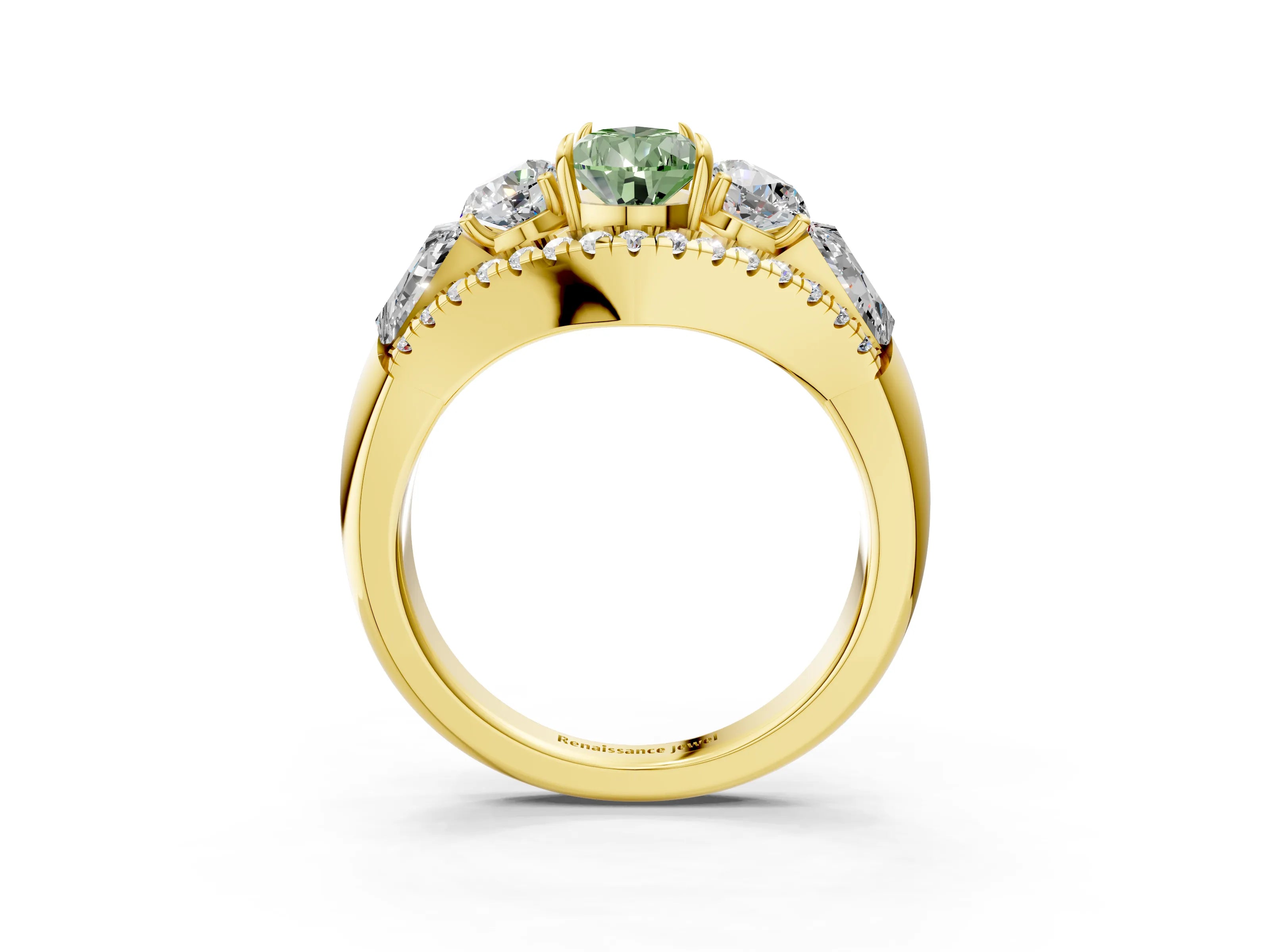 Yellow gold Three-Stone Fancy Green Pear Cut Diamond Engagement Ring with Pave Band and Prong Setting_3