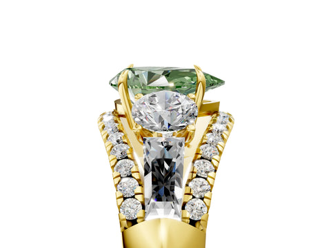 Yellow gold Three-Stone Fancy Green Pear Cut Diamond Engagement Ring with Pave Band and Prong Setting_5
